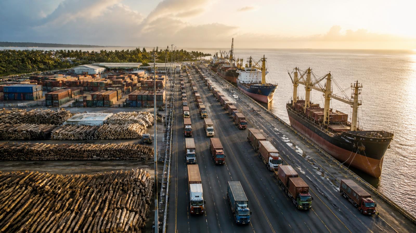 Vue aérienne du port de San Pedro en Côte d'Ivoire : navires à quai, conteneurs, stocks de bois et file de camions sur la route d'accès au terminal