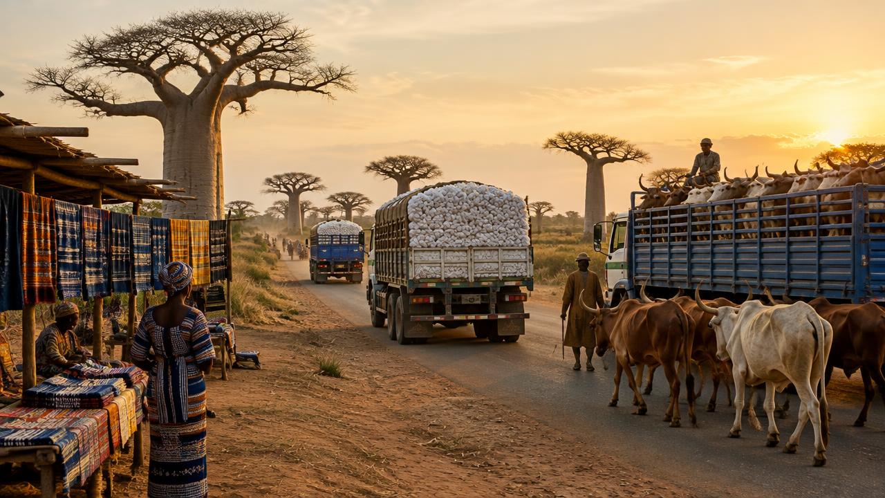 Camions de collecte de coton équipés de GPS sur les routes agricoles autour de Korhogo