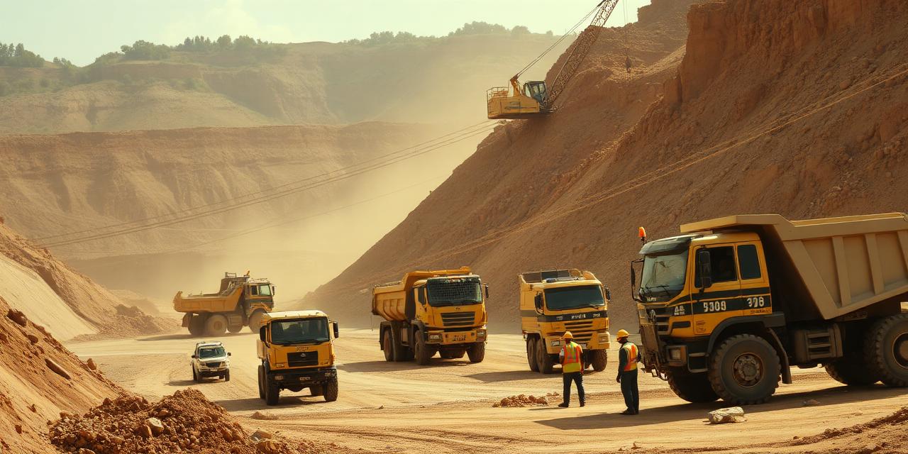 Pelle hydraulique et camions-bennes équipés de traceurs GPS sur un chantier de travaux publics à Abidjan