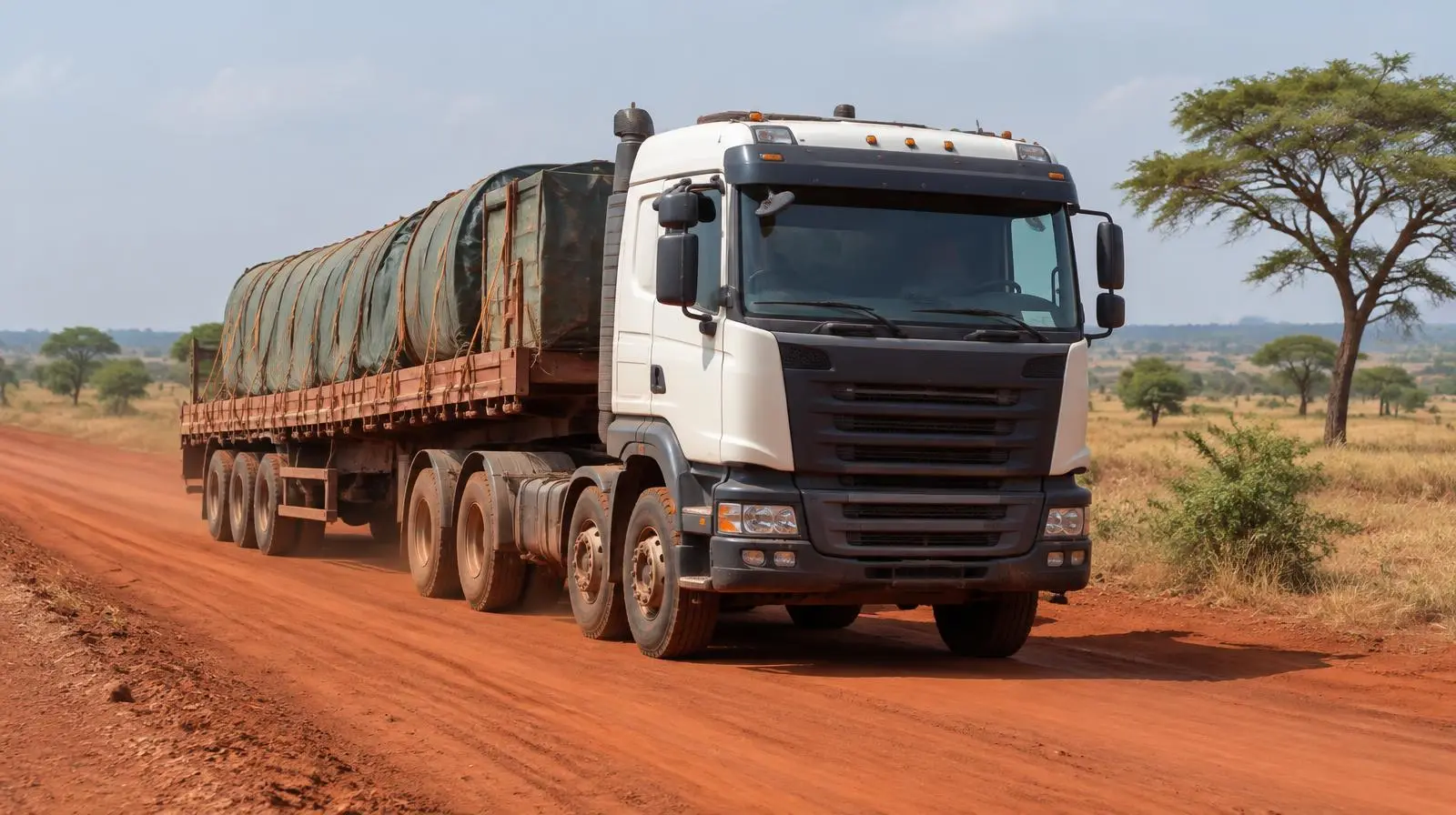 Camion de transport de marchandises sur une piste en Afrique, équipé d'une dashcam et d'un suivi GPS