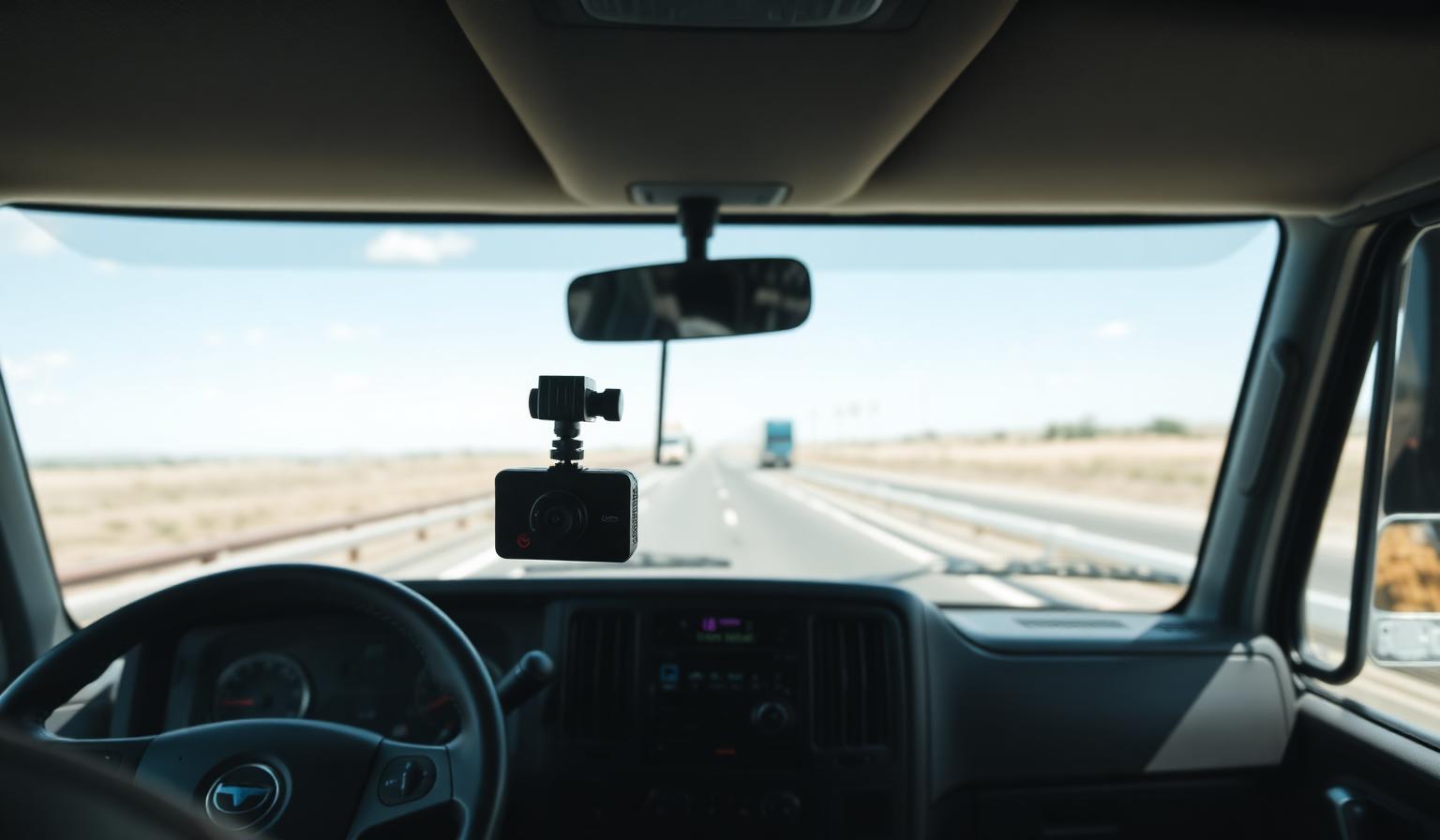Dashcam embarquée installée sur le pare-brise d'un camion d'entreprise circulant à Abidjan