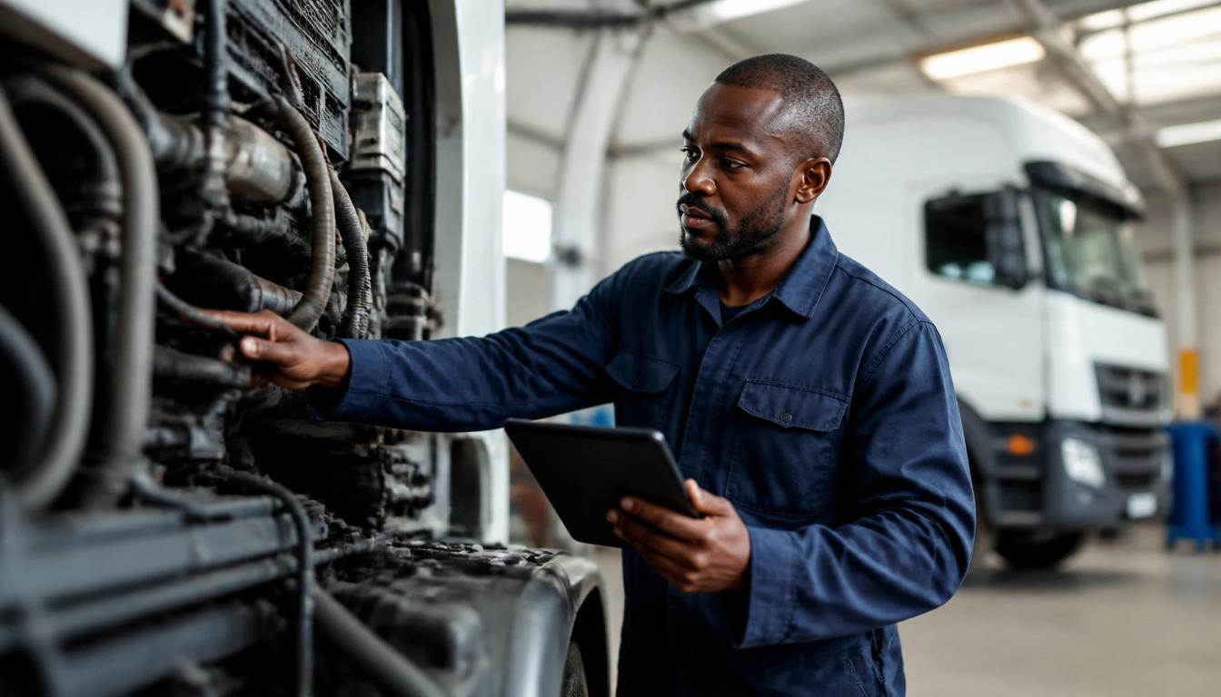 Mécanicien réalisant l'entretien préventif d'un camion de flotte en atelier — GDF Africa