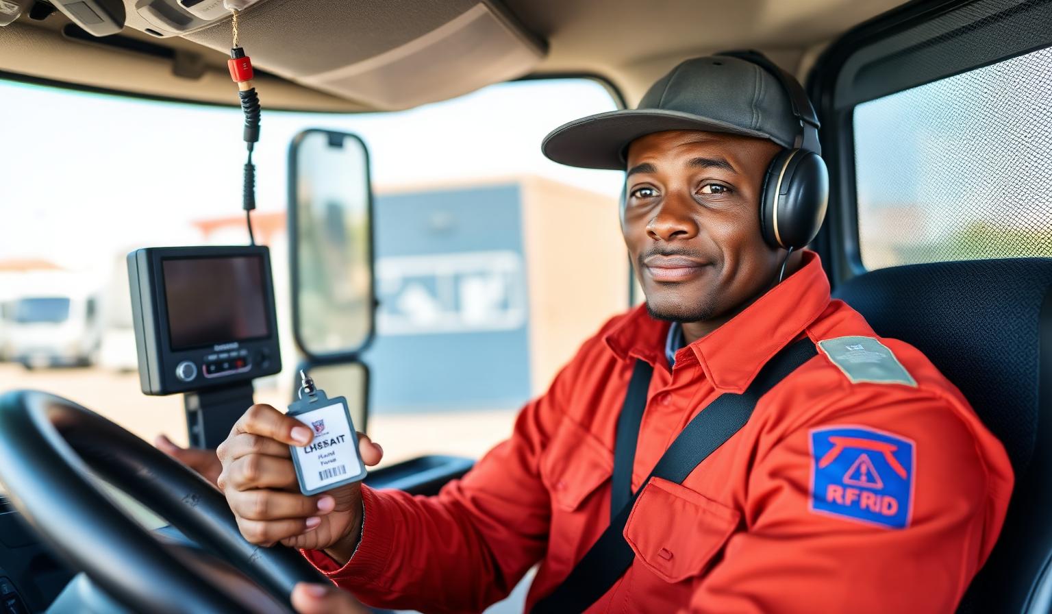 Chauffeur badgeant sa carte RFID sur le lecteur embarqué d'un camion — GDF Africa